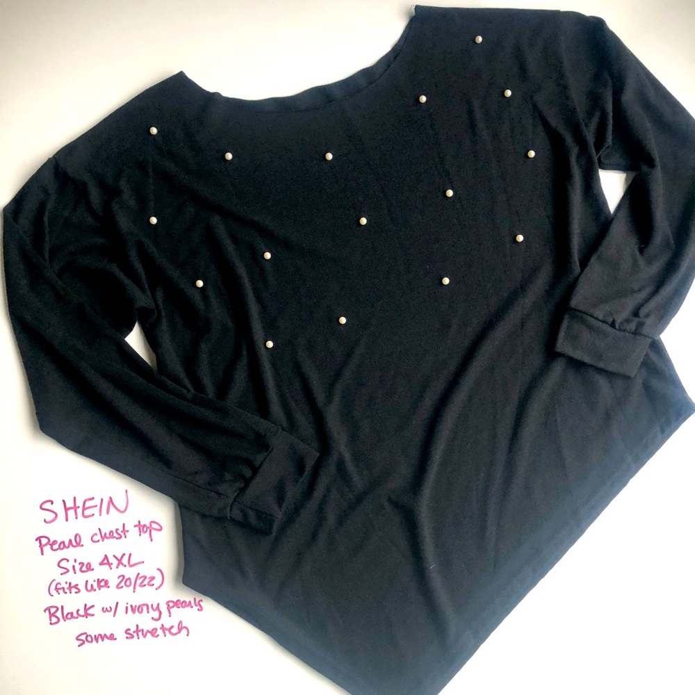 Pearl detailed black asymmetrical knit top